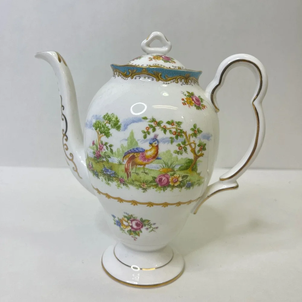 Royal Albert Chelsea Bird Coffee Set Pot 4 Demitasse Cups Saucers Bone China